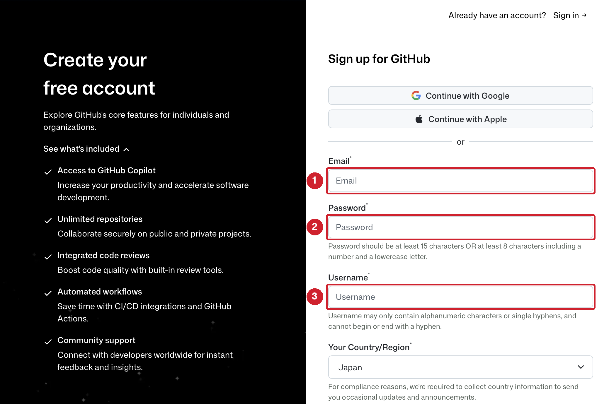 アカウント作成フォーム。①のメールアドレス、②のパスワード、③のユーザー名を入力する
