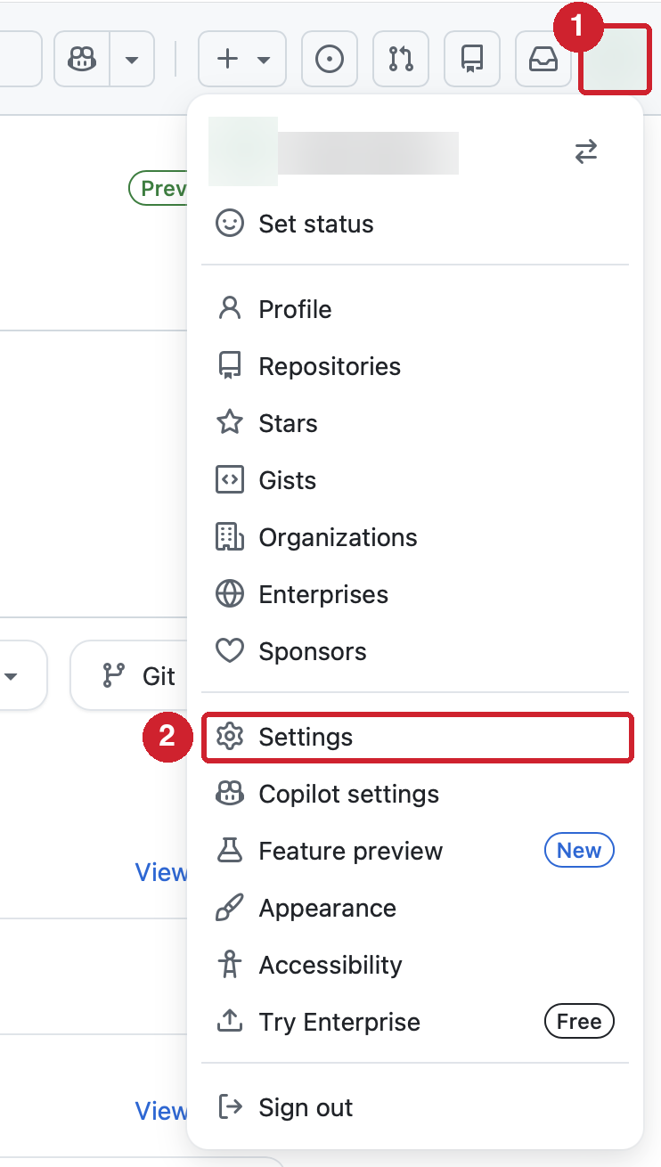右上のアイコンを開いたメニュー。①のアイコンをクリックし、②の Settings を選ぶ