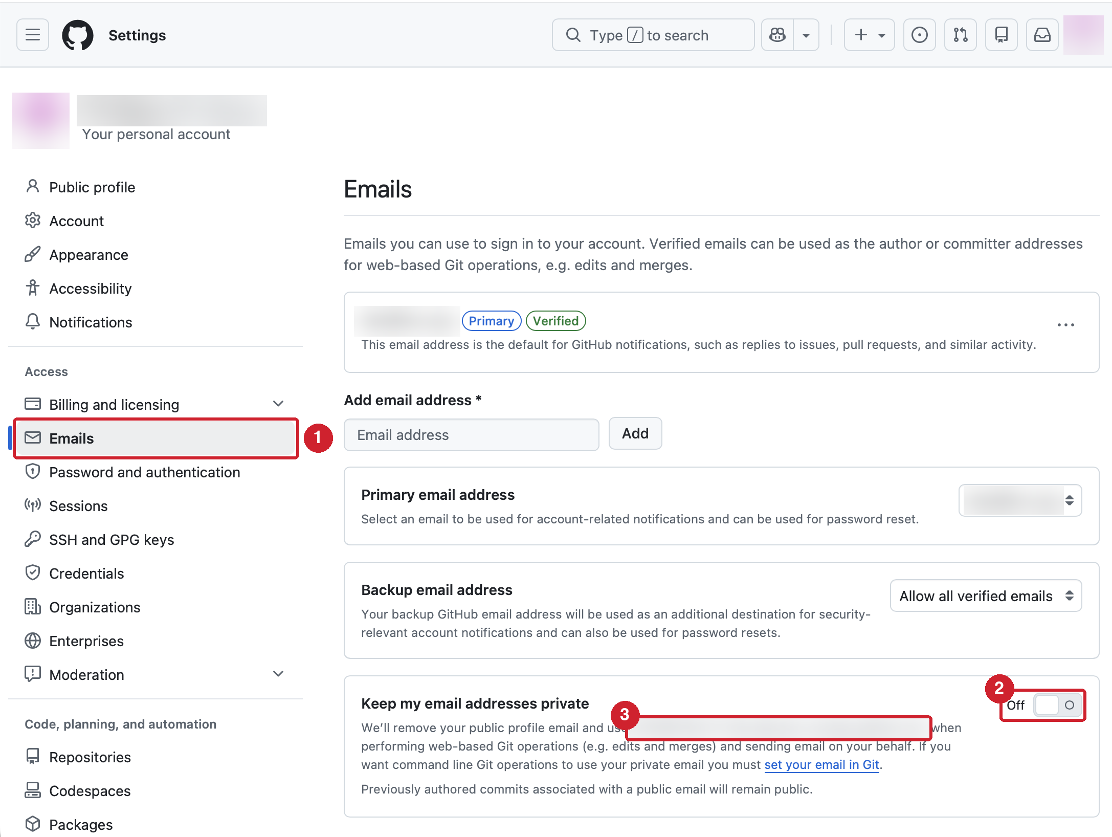Settings の Emails 画面。①の Emails を開き、②の Keep my email addresses private のスイッチをオンにし、③の noreply アドレスを控える