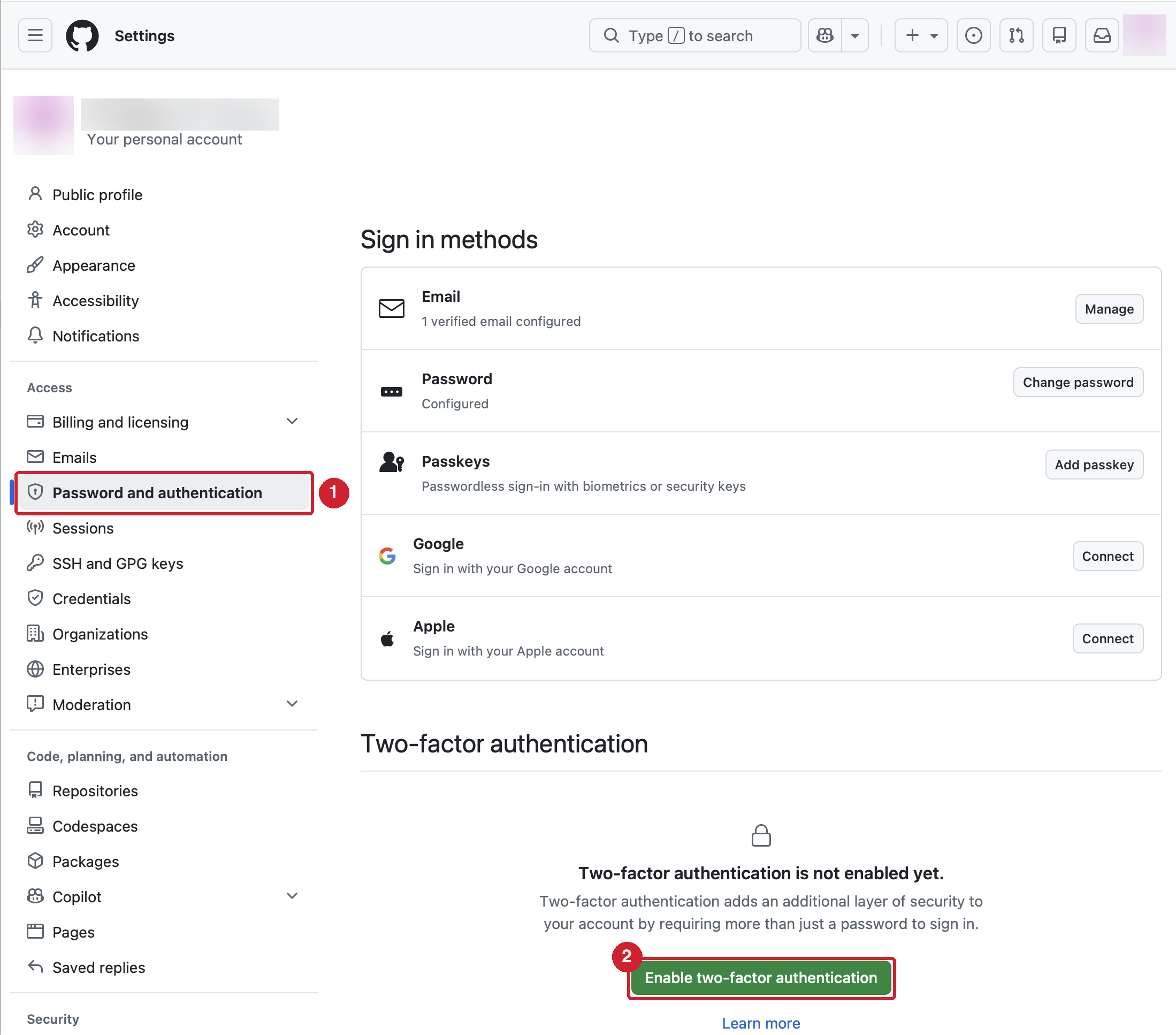 Password and authentication 画面。①の Password and authentication を開き、②の Enable two-factor authentication をクリックする