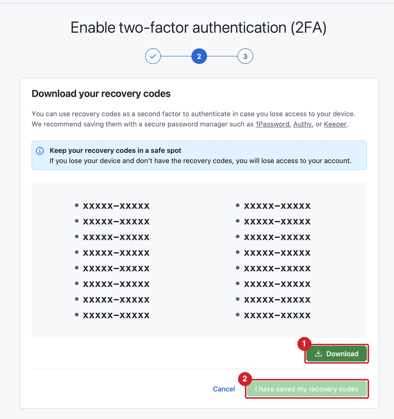 リカバリコードの画面。①の Download でコードを保存し、②の I have saved my recovery codes で 2FA を有効にする
